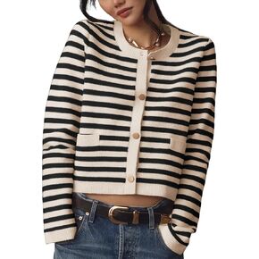 Lentta Womens Striped Knit Cardigan Sweater Crew Neck Long Sleeve Button Front Outerwear