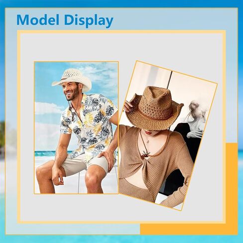 Straw Cowboy Hat Western Hats for Women/Men Cowgirl Hat Sun Beach Hat Shapeable Wide Brim Foldable Vacation Hat for Summer in Kuwait