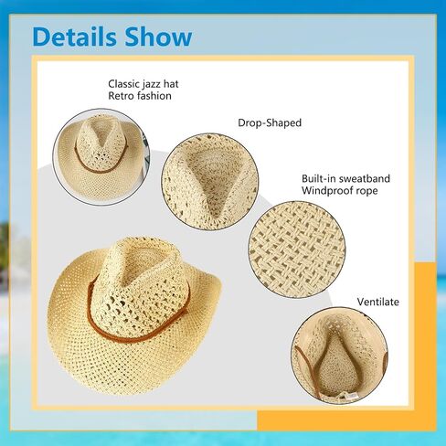 Straw Cowboy Hat Western Hats for Women/Men Cowgirl Hat Sun Beach Hat Shapeable Wide Brim Foldable Vacation Hat for Summer in Kuwait