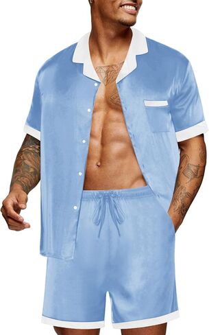 Ekouaer Men Silk Pajamas Set Button Down Satin Sleepwear 2 Piece Pj Shorts Set Summer Loungewear in Saudi Arabia