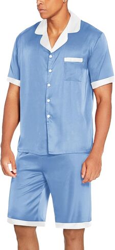 Ekouaer Men Silk Pajamas Set Button Down Satin Sleepwear 2 Piece Pj Shorts Set Summer Loungewear in Saudi Arabia