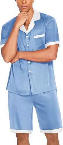 Ekouaer Men Silk Pajamas Set Button Down Satin Sleepwear 2 Piece Pj Shorts Set Summer Loungewear in Saudi Arabia