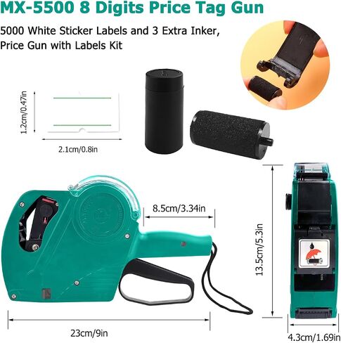 MX-5500 8 Digits Price Tag Gun with 5000 White Sticker Labels and 3 Extra Inker, Price Gun with Labels Kit, Label Maker Pricing Gun Kit, Numerical Tag Gun for Office, Grocery Store Marking(green) in Saudi Arabia