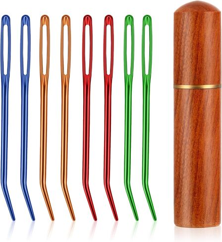 8Pcs Large Eye Darning Needles for Wool, Aluminum Curved Embroidery Needle Large Eye Curved Blunt Needles Sewing Needles Hand Knitting Needles Tapestry Needles with Wooden Case for Yarn Crochet in Saudi Arabia