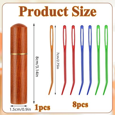 8Pcs Large Eye Darning Needles for Wool, Aluminum Curved Embroidery Needle Large Eye Curved Blunt Needles Sewing Needles Hand Knitting Needles Tapestry Needles with Wooden Case for Yarn Crochet in Saudi Arabia