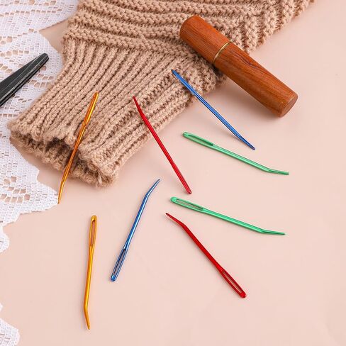 8Pcs Large Eye Darning Needles for Wool, Aluminum Curved Embroidery Needle Large Eye Curved Blunt Needles Sewing Needles Hand Knitting Needles Tapestry Needles with Wooden Case for Yarn Crochet in Saudi Arabia