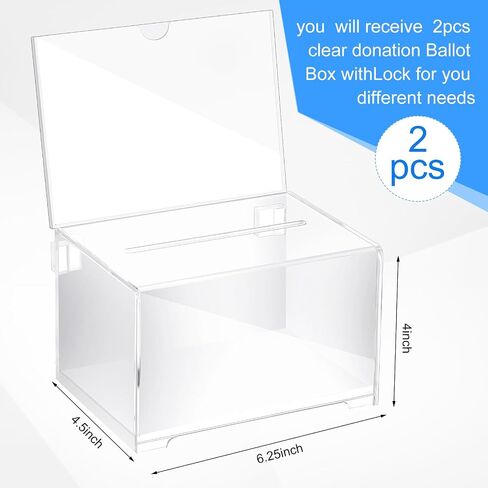 Yulejo 2 Pcs Donation Box for Fundraising Ballot Box with Sign Holder Suggestion Box with Lock and Keys Raffle Box for Ticket Tip Jar for Voting School Event Organization, 6.25 x 4.5 x 4 Inch(Clear) in Saudi Arabia