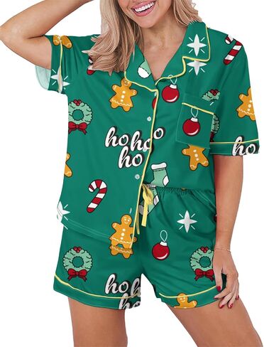 KevaMolly Womens Pajama Sets Pink Flower Print Buttoned Drawstring Waist Lounge Set Short Sleeve Top and Shorts in Saudi Arabia