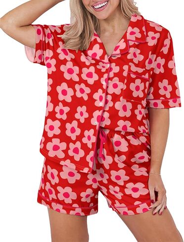 KevaMolly Womens Pajama Sets Pink Flower Print Buttoned Drawstring Waist Lounge Set Short Sleeve Top and Shorts in Saudi Arabia