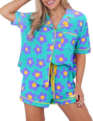 KevaMolly Womens Pajama Sets Pink Flower Print Buttoned Drawstring Waist Lounge Set Short Sleeve Top and Shorts in Saudi Arabia