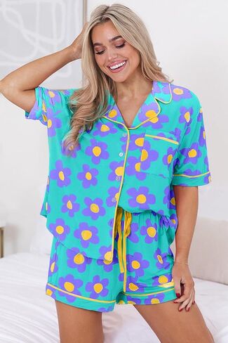 KevaMolly Womens Pajama Sets Pink Flower Print Buttoned Drawstring Waist Lounge Set Short Sleeve Top and Shorts in Saudi Arabia