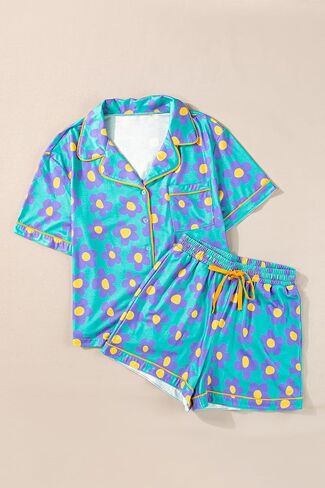 KevaMolly Womens Pajama Sets Pink Flower Print Buttoned Drawstring Waist Lounge Set Short Sleeve Top and Shorts in Saudi Arabia