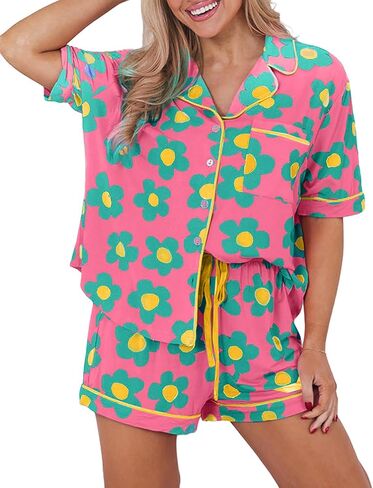KevaMolly Womens Pajama Sets Pink Flower Print Buttoned Drawstring Waist Lounge Set Short Sleeve Top and Shorts in Saudi Arabia