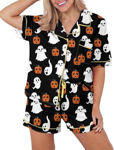 KevaMolly Womens Pajama Sets Pink Flower Print Buttoned Drawstring Waist Lounge Set Short Sleeve Top and Shorts in Kuwait