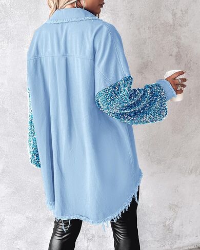 CHICME BEST SHOPPING DEALS Womens Jacket Sequin Patchwork Long Sleeve Jacket Top Button Front Oversized Denim Shacket in Saudi Arabia