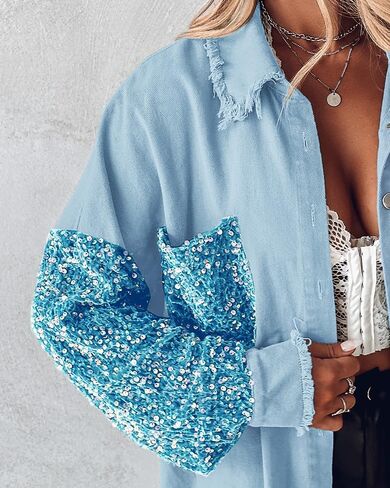 CHICME BEST SHOPPING DEALS Womens Jacket Sequin Patchwork Long Sleeve Jacket Top Button Front Oversized Denim Shacket in Saudi Arabia