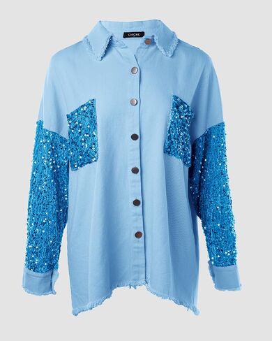 CHICME BEST SHOPPING DEALS Womens Jacket Sequin Patchwork Long Sleeve Jacket Top Button Front Oversized Denim Shacket in Saudi Arabia