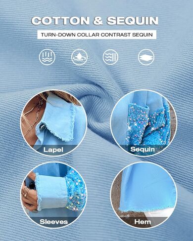 CHICME BEST SHOPPING DEALS Womens Jacket Sequin Patchwork Long Sleeve Jacket Top Button Front Oversized Denim Shacket in Saudi Arabia