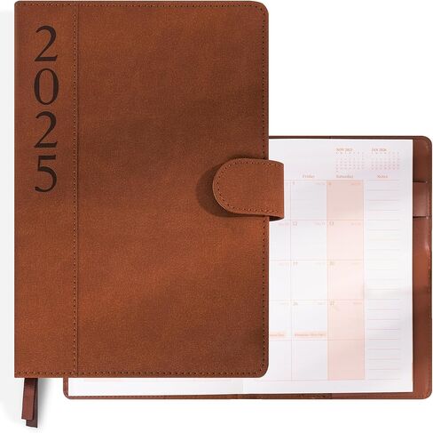 CAGIE 2025 Planner Weekly and Monthly, Leather Daily Planner (Jan. 2025- Dec. 2025), 5.6 "× 8.3" Hardcover Work Planner 100 GSM Thick Paper, 12 Month Productivity Planner with Stickers, Brown in Saudi Arabia