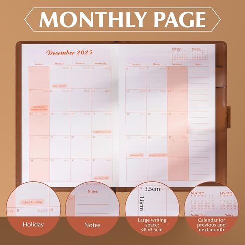 CAGIE 2025 Planner Weekly and Monthly, Leather Daily Planner (Jan. 2025- Dec. 2025), 5.6 "× 8.3" Hardcover Work Planner 100 GSM Thick Paper, 12 Month Productivity Planner with Stickers, Brown in Saudi Arabia