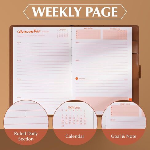 CAGIE 2025 Planner Weekly and Monthly, Leather Daily Planner (Jan. 2025- Dec. 2025), 5.6 "× 8.3" Hardcover Work Planner 100 GSM Thick Paper, 12 Month Productivity Planner with Stickers, Brown in Saudi Arabia