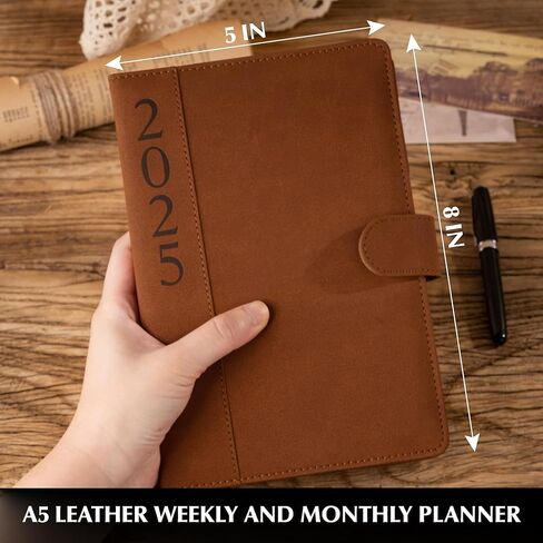 CAGIE 2025 Planner Weekly and Monthly, Leather Daily Planner (Jan. 2025- Dec. 2025), 5.6 "× 8.3" Hardcover Work Planner 100 GSM Thick Paper, 12 Month Productivity Planner with Stickers, Brown in Saudi Arabia