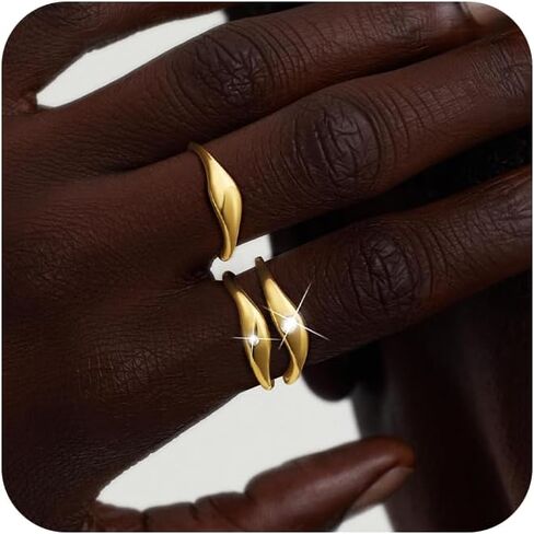 Chunky Rings for Women Non Tarnish - 14K Gold Plated Thumb Statement CZ Ring Set Hypoallergenic Lightweight Stackable Band Dainty Rings Jewelry Gifts Trendy Size 6-10 in Saudi Arabia