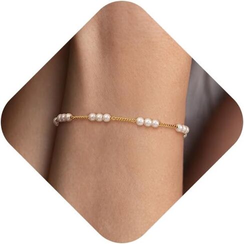 Gold Pearl Bracelets for Women,14K Gold Plated Dainty Bracelets Non Tarnish Tiny Bead Link Chain Layered Bracelets Set Jewelry Gift for Women in Saudi Arabia