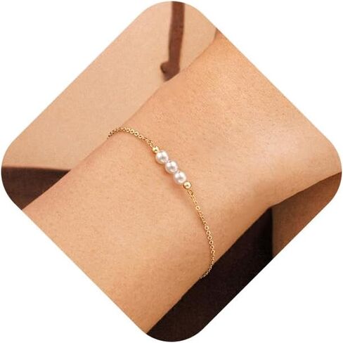 Gold Pearl Bracelets for Women,14K Gold Plated Dainty Bracelets Non Tarnish Tiny Bead Link Chain Layered Bracelets Set Jewelry Gift for Women in Saudi Arabia