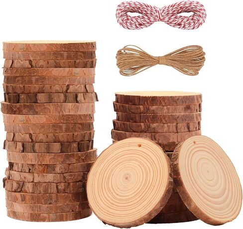 OPULANE Natural Wood Slices 50Pcs 2.0-2.4 Inches Unfinished Wood Rounds Predrilled Holes with 98Ft Twine String Round Wooden Circles with Bark for Crafts Arts DIY Christmas Ornaments Burning Painting in Saudi Arabia