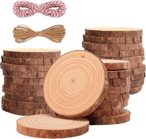 OPULANE Natural Wood Slices 50Pcs 2.0-2.4 Inches Unfinished Wood Rounds Predrilled Holes with 98Ft Twine String Round Wooden Circles with Bark for Crafts Arts DIY Christmas Ornaments Burning Painting in Saudi Arabia