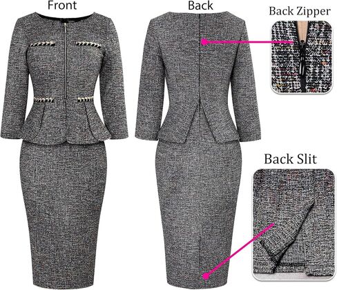 VFSHOW Womens 2024 Business Work Office Peplum Crew Neck Front Zipper Slim Sheath Pencil Dress in Saudi Arabia