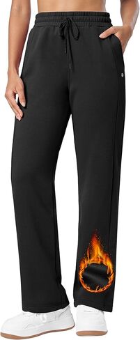 سروال رياضي نسائي من Willit مبطن بالصوف سروال رياضي من القطن مستقيم الساق للشتاء والجري غير رسمي لجيوب صالة اليوغا والتمرين 30 بوصة in Kuwait