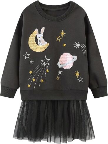 HILEELANG Toddler Girl Long Sleeve Dress Cotton Casual Jersey Shirt Playwear Applique Dress in Saudi Arabia