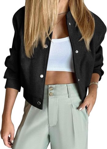 Tankaneo Womens Cropped Bomber Jacket Wool Blend Varsity Short Pea Coats Long Sleeve Button Down Winter Casual Outerwear in Kuwait