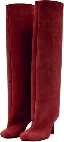 VOMIRA Women's Knee High Nude Suede Wide Calf Square Toe Stiletto Fall Winter Pull On High Heel Long Ladies Fashion Dress Tall Slouchy Boots in Saudi Arabia