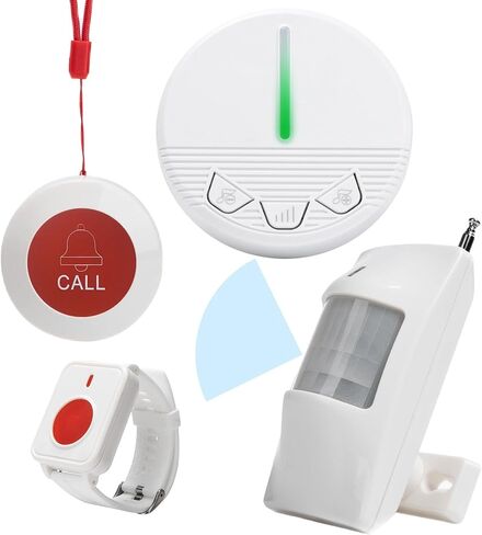 Motion Sensor Bed Alarm Caregiver Pager Indoor Alarm Room with Wireless Motion Fall Prevention for Elderly Monitoring Seniors Dementia Patients Seniors Home Door Chime (SJ PR1+CPM+SW+HG1-1+1+1+1) in Kuwait