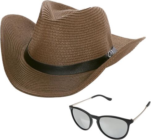 قبعات رعاة البقر من القش للجنسين من choyaxo مع نظارات شمسية مجموعة زي رعاة البقر الغربي بما في ذلك قبعة رعاة البقر والنظارات الشمسية زي رعاة البقر للهالوين والحفلات والشاطئ in Kuwait