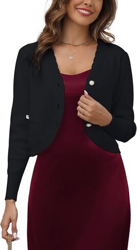 Women's Long Sleeve Shrug with Decorative White Buttons Up and Faux Pockets Cropped Bolero Cardigans in Kuwait
