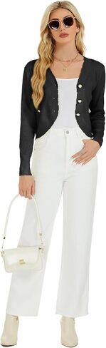 Women's Long Sleeve Shrug with Decorative White Buttons Up and Faux Pockets Cropped Bolero Cardigans in Kuwait