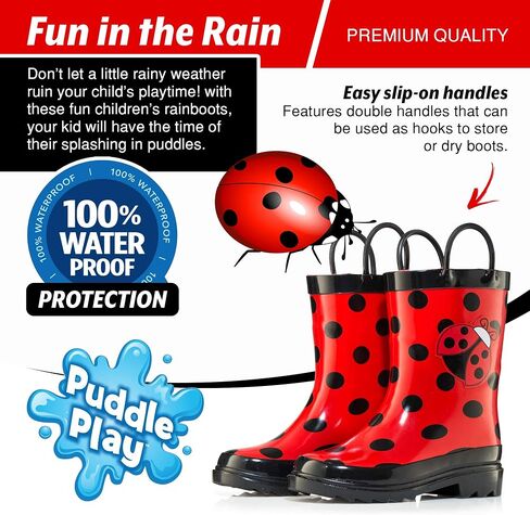 حذاء المطر المطاطي Puddle Play Kids للفتيات مطبوع عليه Ladybug مقاوم للماء وسهل الارتداء (الأطفال الصغار/الأطفال الصغار) (3 M US طفل صغير) أحمر in Saudi Arabia