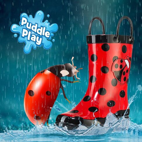 حذاء المطر المطاطي Puddle Play Kids للفتيات مطبوع عليه Ladybug مقاوم للماء وسهل الارتداء (الأطفال الصغار/الأطفال الصغار) (3 M US طفل صغير) أحمر in Saudi Arabia