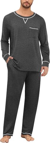 SWOMOG Mens Pajamas Set Modal Long Sleeve Sleepwear Crew Neck Pjs 2 Piece Loungewear Nightshirt Top & Pants with Pockets in Saudi Arabia