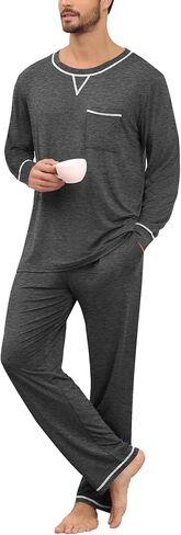 SWOMOG Mens Pajamas Set Modal Long Sleeve Sleepwear Crew Neck Pjs 2 Piece Loungewear Nightshirt Top & Pants with Pockets in Saudi Arabia