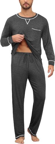 SWOMOG Mens Pajamas Set Modal Long Sleeve Sleepwear Crew Neck Pjs 2 Piece Loungewear Nightshirt Top & Pants with Pockets in Saudi Arabia