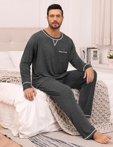 SWOMOG Mens Pajamas Set Modal Long Sleeve Sleepwear Crew Neck Pjs 2 Piece Loungewear Nightshirt Top & Pants with Pockets in Saudi Arabia