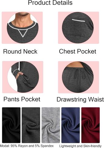 SWOMOG Mens Pajamas Set Modal Long Sleeve Sleepwear Crew Neck Pjs 2 Piece Loungewear Nightshirt Top & Pants with Pockets in Saudi Arabia