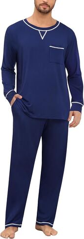 SWOMOG Mens Pajamas Set Modal Long Sleeve Sleepwear Crew Neck Pjs 2 Piece Loungewear Nightshirt Top & Pants with Pockets in Saudi Arabia