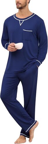 SWOMOG Mens Pajamas Set Modal Long Sleeve Sleepwear Crew Neck Pjs 2 Piece Loungewear Nightshirt Top & Pants with Pockets in Saudi Arabia