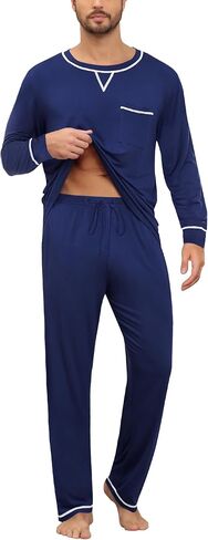 SWOMOG Mens Pajamas Set Modal Long Sleeve Sleepwear Crew Neck Pjs 2 Piece Loungewear Nightshirt Top & Pants with Pockets in Saudi Arabia